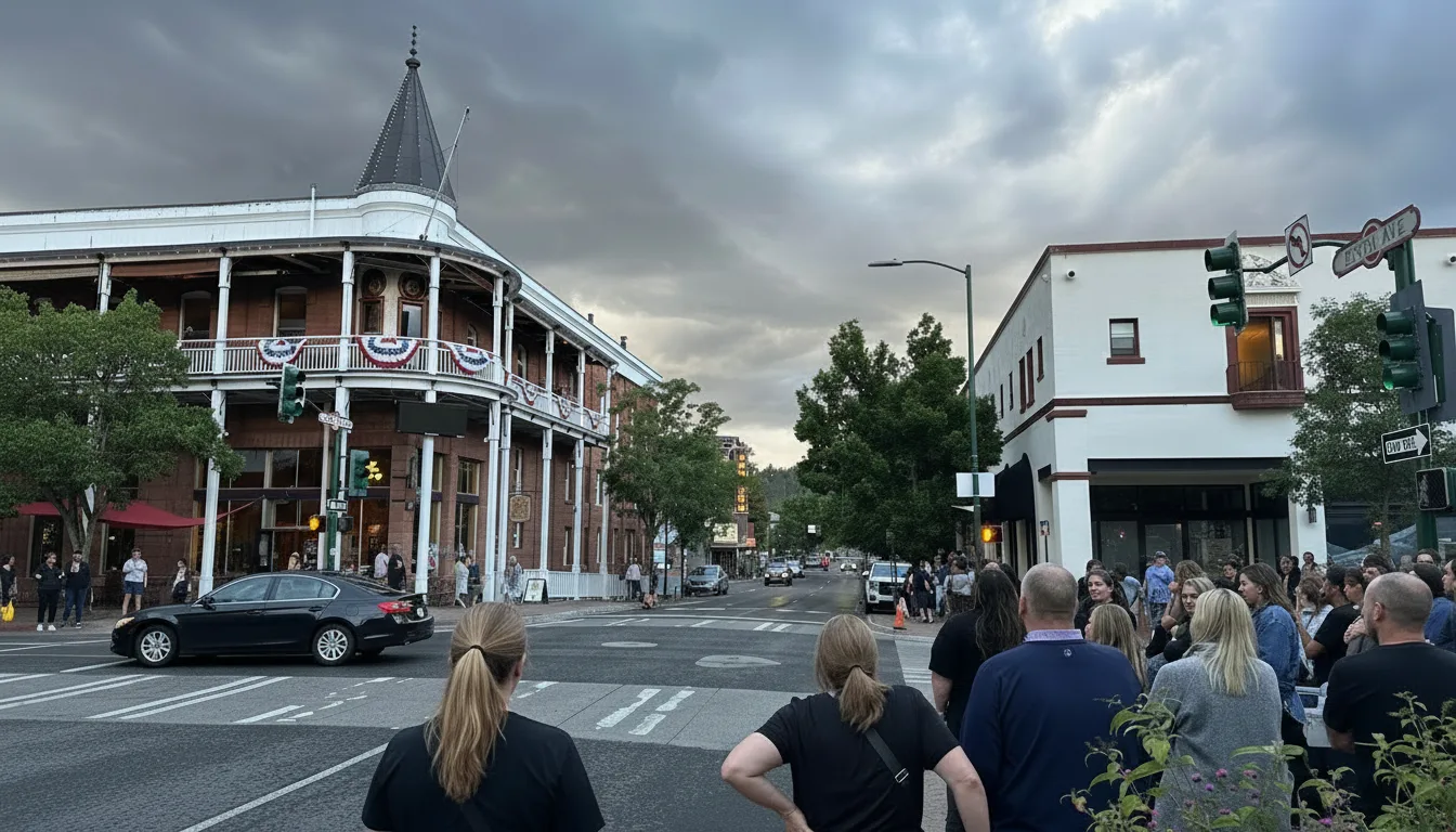 Atmospheric nighttime street in downtown Flagstaff, Arizona
